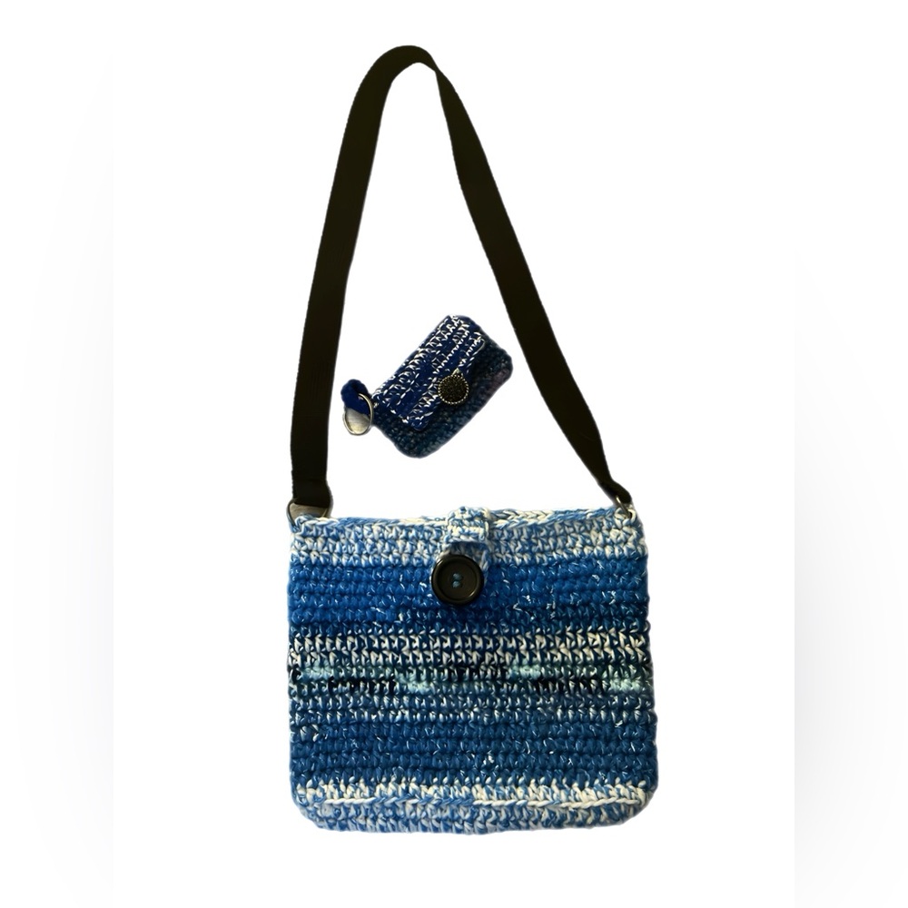 Blue Crochet Shoulder Bag with Coin Purse.